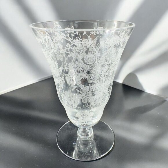 Antique Tiffin Franciscan June Nights Clear Etched Floral Goblet Glasses Set 2 - Picture 2 of 11